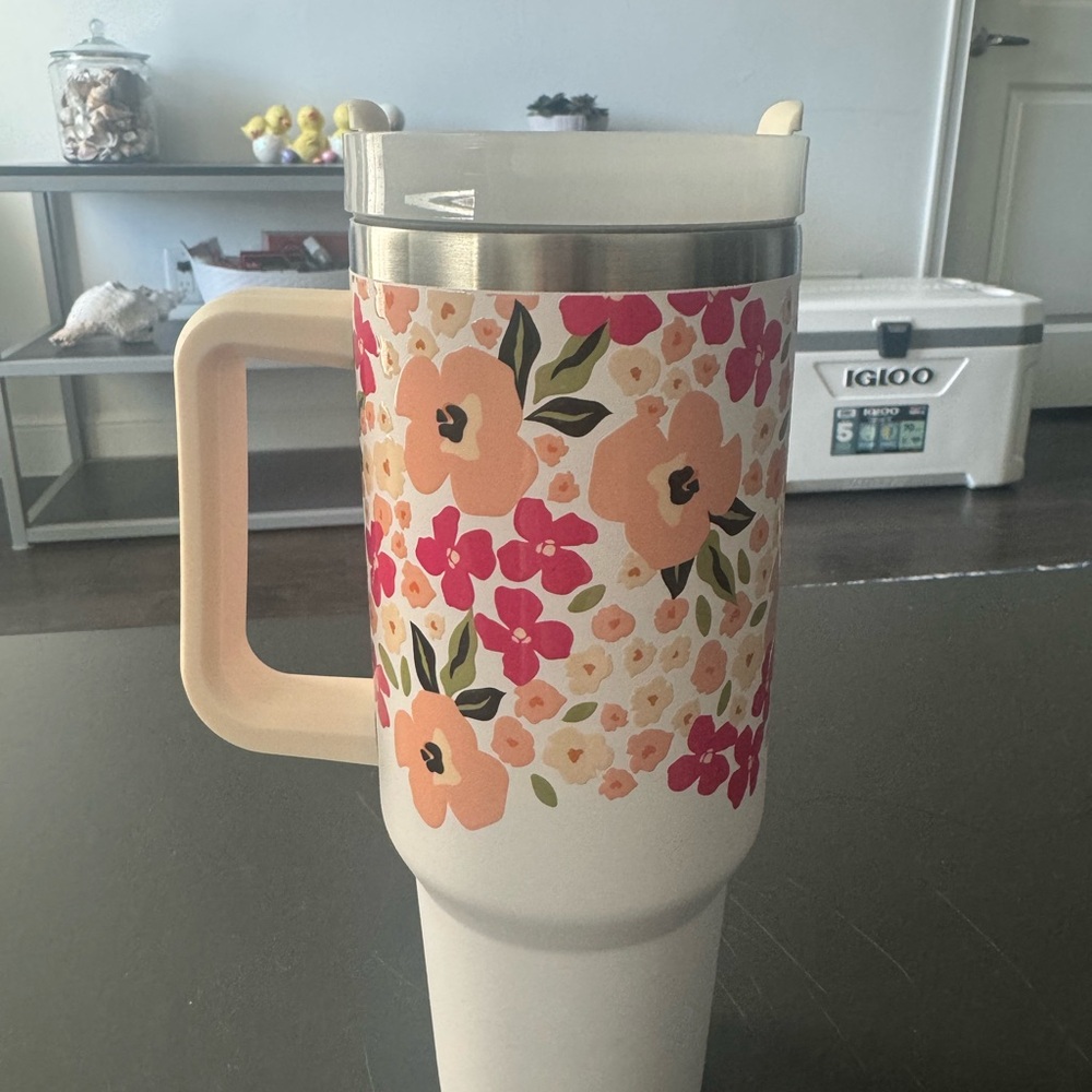 Floral Insulated Travel Mug - Cream with Pink & Peach Flowers